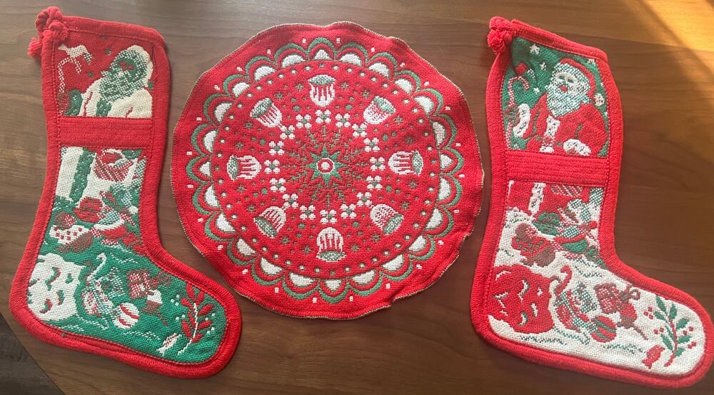 Vintage Set of (2) Woven Christmas Stockings with Placemat